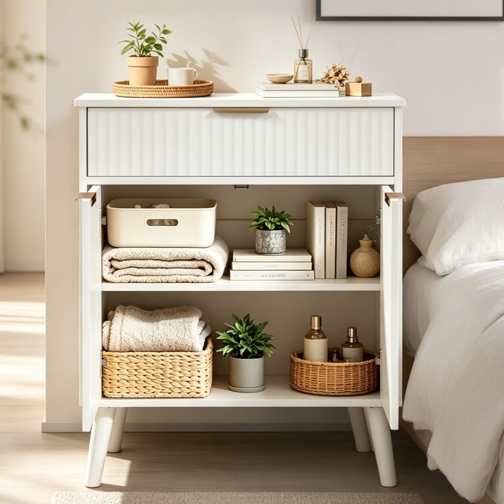 Kitchen Storage Cabinet, Buffet Cabinet with 2 Doors & Drawer, Adjustable Shelves, Wood Sideboard with Solid Wood Legs, White