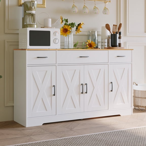 Kitchen Storage Cabinet with Drawers, 55" Farmhouse Sideboard Buffet & Coffee Bar Station, Large Cabinet with Adjustable Shelves for Dining Room, White