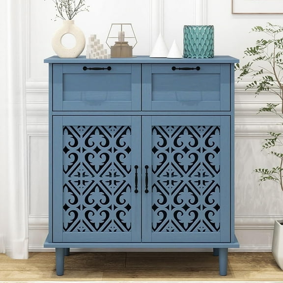 LFGUIZO Blue Heart-Shaped Carved Kitchen Storage Cabinet, with 2 Drawers and 2 Accent Cutlery Cabinets, Buffet, Living Room, Dining Room, Entrance
