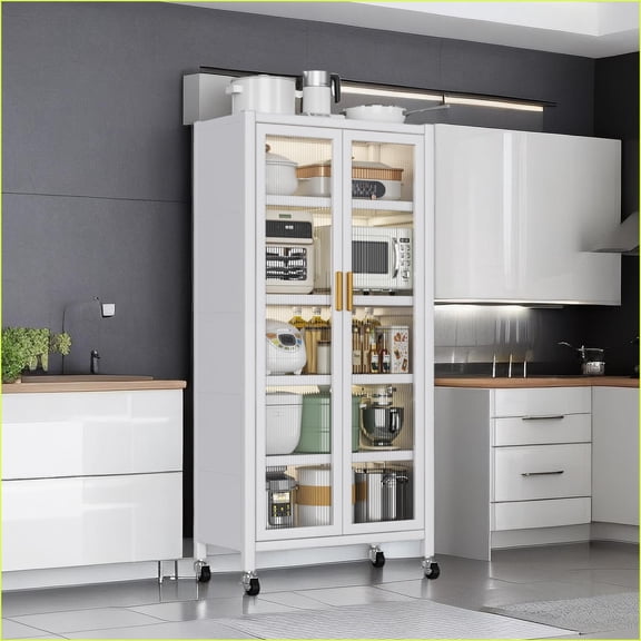 Kitchen Storage Cabinet, Floor-to-Ceiling Multilevel Microwave Organizer | White | Metal