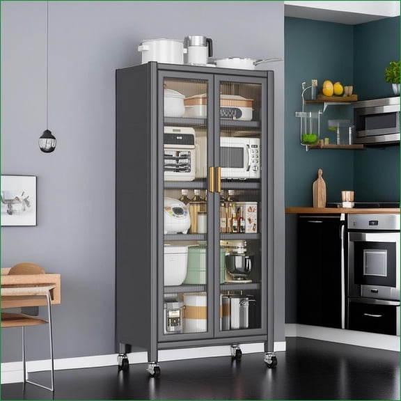 Kitchen Storage Cabinet: Floor-to-Ceiling Multilevel, Microwave Storage, Lockable Doors | Grey | Kitchen