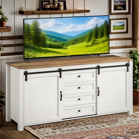 Farmhouse Barn Door TV Stand for up to 60" TVs, Lofka Entertainment Center Console Table with 2 Doors , 4 Large Drawers& Adjustable Shevles