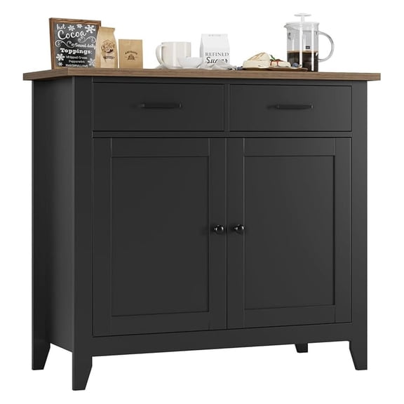 Kitchen Storage Cabinet, Modern Farmhouse Buffet Cabinet with Storage, Coffee Bar with 2 Drawers and 2 Doors, Floor Sideboard Buffet for Living Room, Dining Room, Bathroom, Black/Rustic Brown