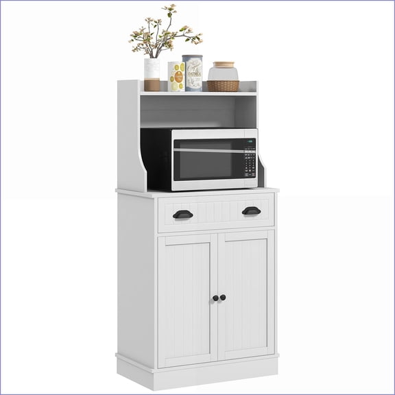 Kitchen Storage Cabinet | Modern Microwave Stand with Hutch, Adjustable Shelf | White | MDF