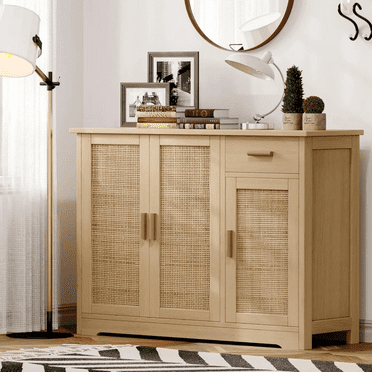 Kitchen Storage Cabinet, Sideboard Buffet Cabinet with Rattan Doors, Farmhous