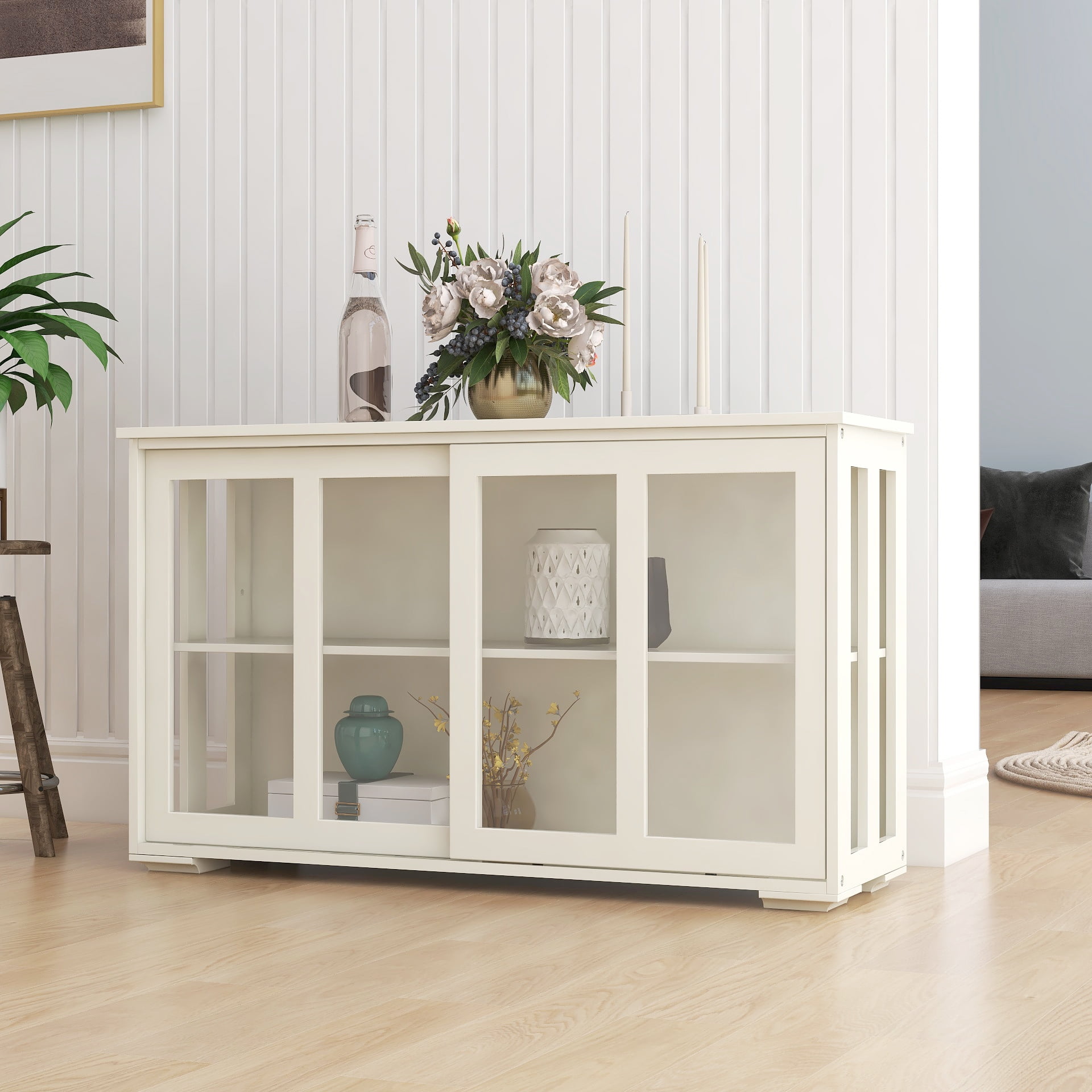 Kitchen Storage Cabinet,Sideboard Buffet Cupboard with Glass Door,Pantry Organizer, Freestanding Kitchen Cabinet,White