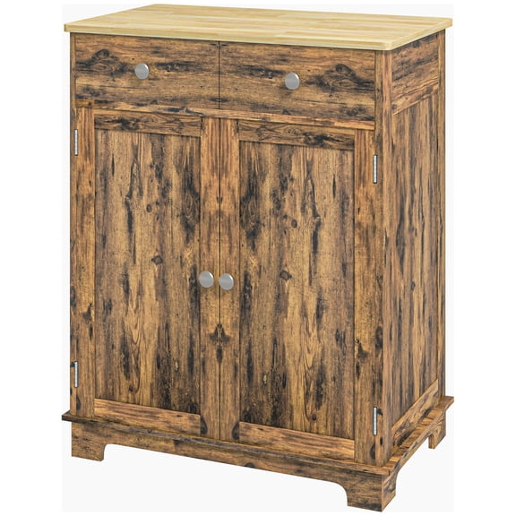 Kitchen Storage Cabinet, Sideboard Floor Cupboard with Solid Wood Top, Adjustable Shelf, and 2 Drawers, Brown