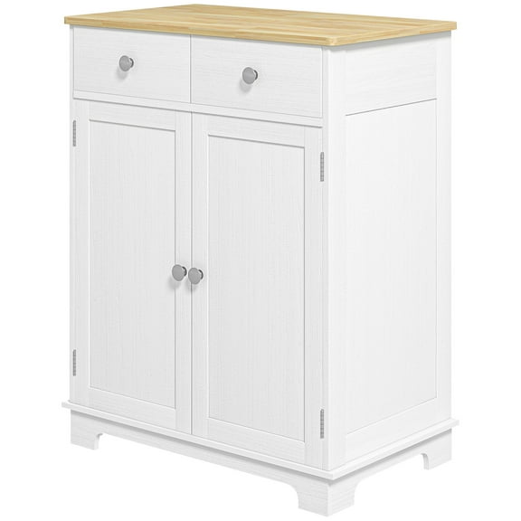 Kitchen Storage Cabinet, Sideboard Floor Cupboard with Solid Wood Top, Adjustable Shelf, and 2 Drawers, Distressed White
