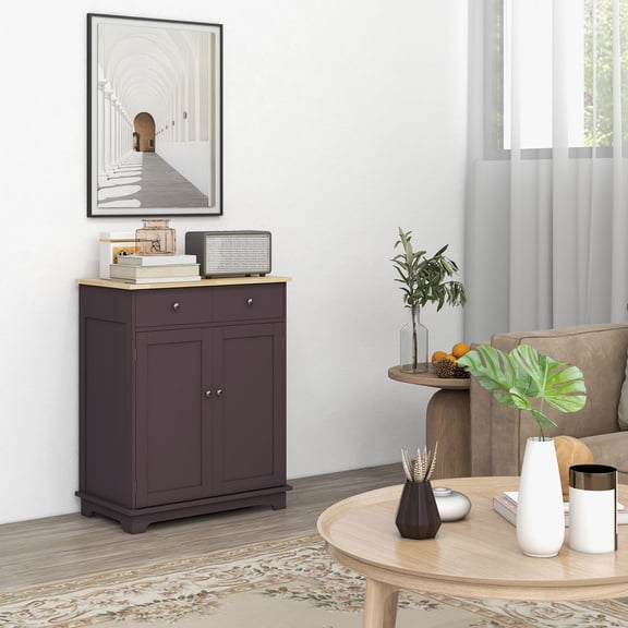 Kitchen Storage Cabinet, Sideboard with Solid Wood Top, Adjustable Shelf & 2 Drawers, Coffee