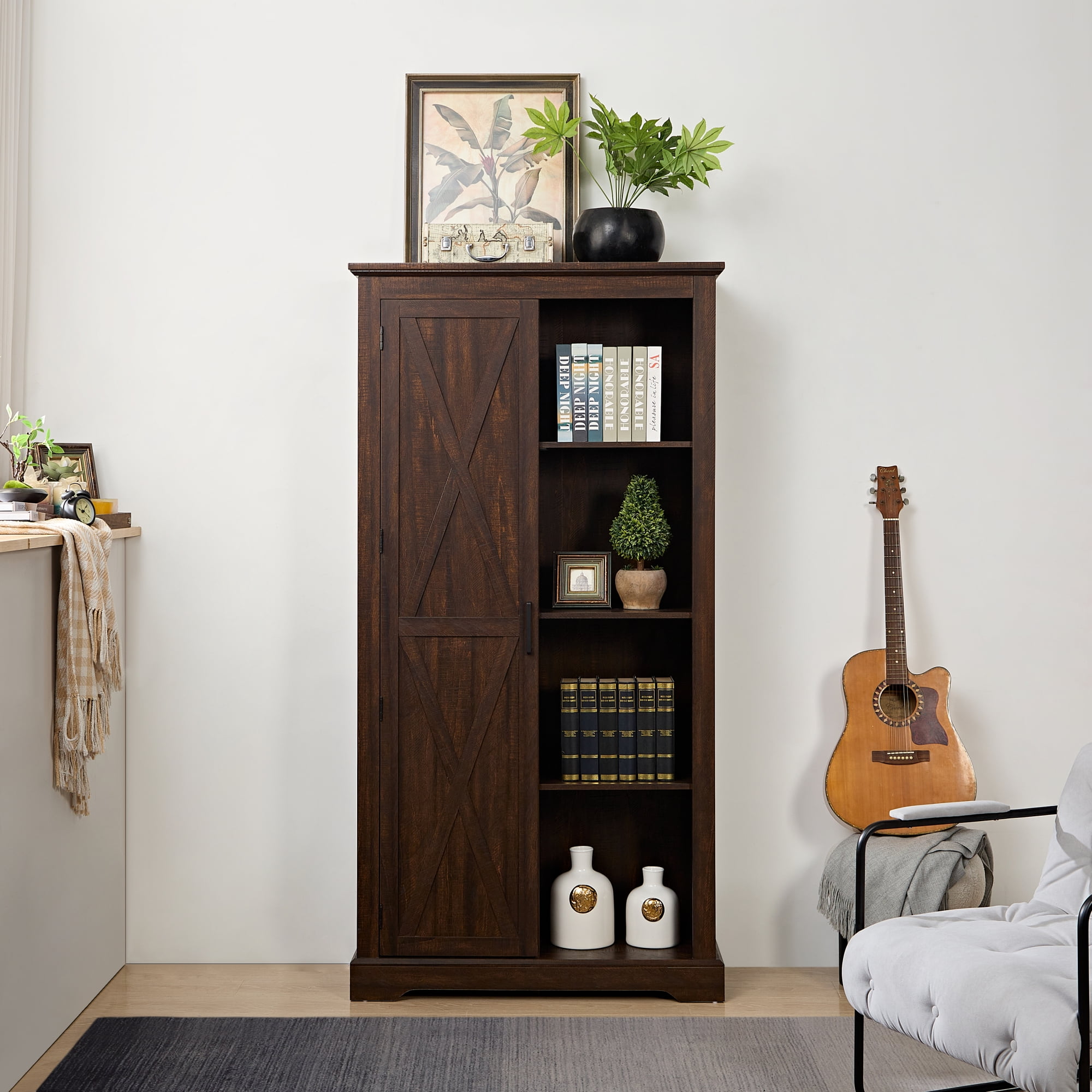 Kitchen Storage Cabinet with Sliding Doors Tall Wood Food Pantry Storage Furniture Organizer Drawer Shelves
