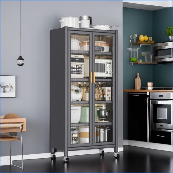 Kitchen Storage Cabinet with Vertical Shelving, Microwave Rack, Lockable Doors | Slate Gray | Kitchen