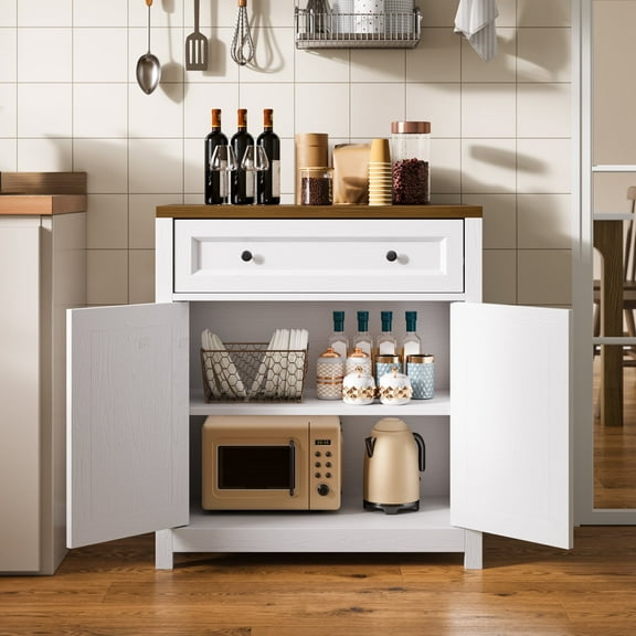 Kitchen Buffet Sideboard Cabinet, Lofka Farmhouse Coffee Bar with Large Drawer & Adjustable Shelves, Waterproof, White+Rustic Brown