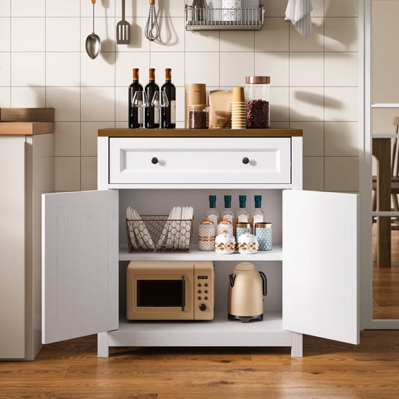 Kitchen Buffet Sideboard Cabinet, Lofka Farmhouse Coffee Bar with Large Drawer & Adjustable Shelves, Waterproof, White+Rustic Brown