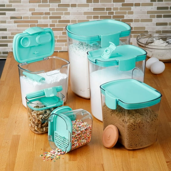 Kitchen Storage Canister Container Set for Flour, Sugar & More, Keeps Ingredients Fresh, with Accessories (Turquoise, 6- Piece)