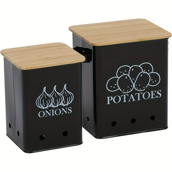 Kitchen Storage Canister, Potato Onion Storage Bin With Aerating Tin Storage Holes & Wooden Lid, Kitchen Organizers For Onion, Potato, Fruit, Black