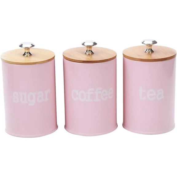 Kitchen Storage Canisters Set of 3, Metal Tea Coffee Sugar Containers with Bamboo Lids, Matte Pink