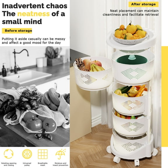 Kitchen Storage Cart, 5 Tier Circular Rotating Basket, Large Storage Rack with 360 Degree Wheels, Fruit Vegetable Shelf, Rotatable Basket for Kitchen Bathroom Lanzxjv