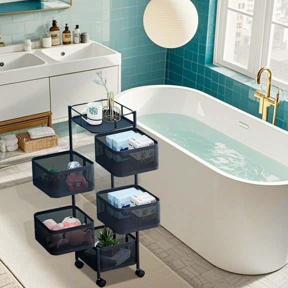 Kitchen Storage Cart, 5-Tier Fruit and Vegetable Basket Rotating Storage Rack, Rolling Snack Cart, Metal Rolling Carts with Wheels for Fruit Potato Onion Vegetable Snack