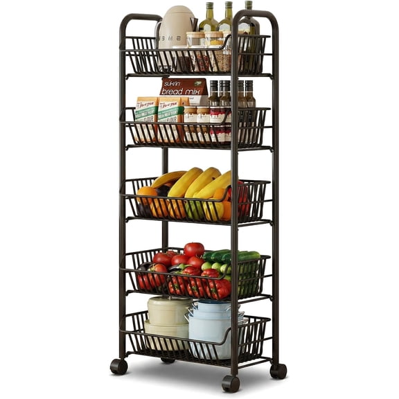 Kitchen Storage Cart 5 Tier, Fruit and Vegetable Storage Basket with Wheels, Easy 5-Min Assembly, Rolling Utility Cart for Pantry Organizer, Large Capacity Metal Rack for Potato, Onion, Snack