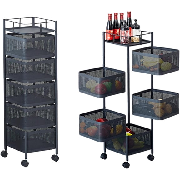 Kitchen Storage Cart, 5-Tier Metal Rolling Carts with Wheels and Basket Rotating Storage Rack, Rolling Snack Cart, for Fruit Potato Onion Vegetable Snack(12.5 * 12.5 * 37.6in) Black