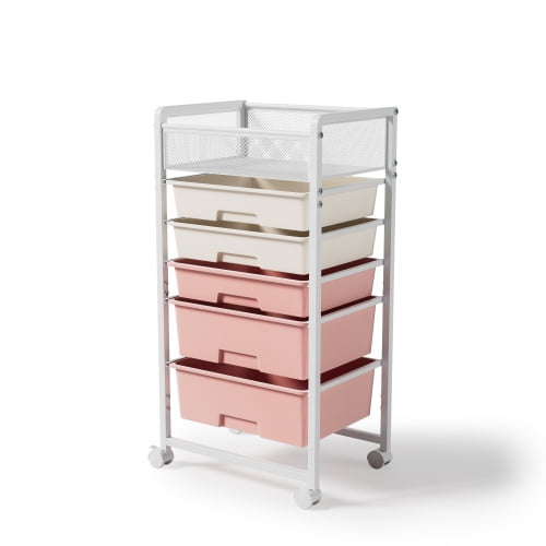 Kitchen Storage Cart 5-Tier Rotating Utility Cart with Metal Mesh Top & 5 Drawers, Mobile Metal Storage Organizer Trolley for Bathroom, Bedroom, Office (Set of 2)