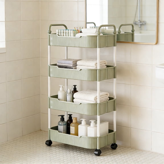 Kitchen Storage Cart, Gaqring 4-Tier Mobile Organizer with Armrests, Plastic Bathroom Toiletries Cart for Kitchen Living Room Sturdy Easy Clean, Green