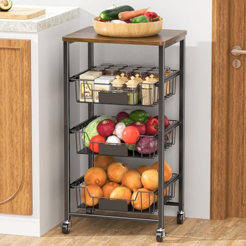 Kitchen Storage Cart with Wheels, 4-Tier Metal Utility Rolling Cart Fruit Vegetable Storage Basket Pantry Rack with Wood Top & Pull Out Baskets for Kitchen, Livingroom, Diningroom, Office