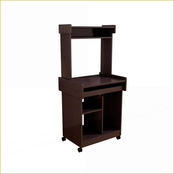 Kitchen Storage Cart with Hutch & Gliding Shelf | Mobile Locking Casters | Espresso | Particle Board+MDF