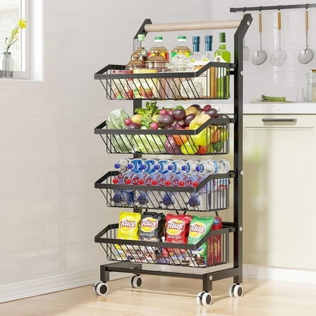 Kitchen Storage Cart with Lockable Wheels, Multifunctional 4 Tier Rolling Cart with Wood Handle and Adjustable & Detachable Vegetable Baskets for Kitchen, Living Room, Dining Room, Bathromm