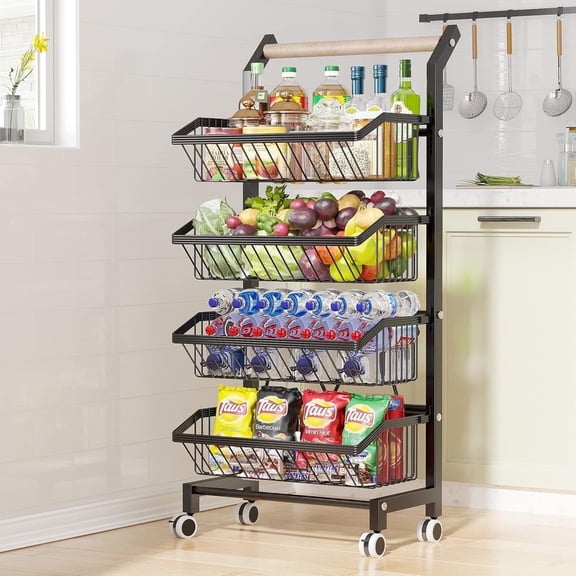 Kitchen Storage Cart with Lockable Wheels, Multifunctional 4 Tier Rolling Cart with Wood Handle and Adjustable & Detachable Vegetable Baskets for Kitchen, Living Room, Dining Room, Bathroom