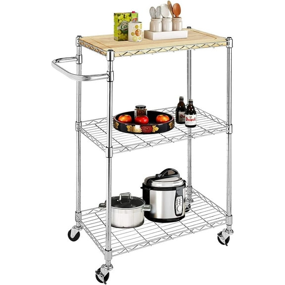Kitchen Storage Carts, 3-Tier Wire Rolling Kitchen Cart, Food Service Cart, Microwave Stand, Bar Cart Oak Cutting Board and Chrome Kitchen Stand Microwave Cart Coffee Table