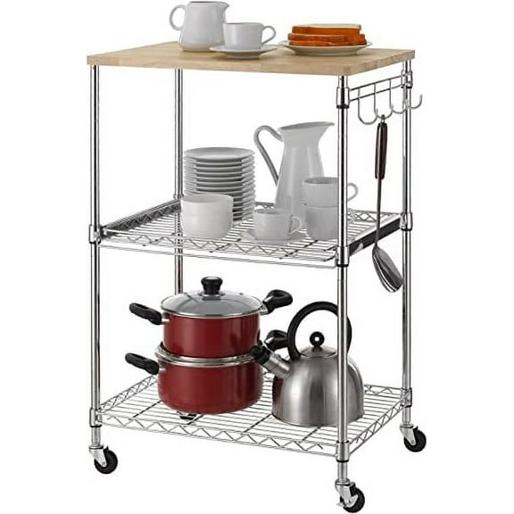 Kitchen Storage Carts, 3-Tier Wire Rolling Kitchen Cart, Food Service Cart, Microwave Stand, Oak Cutting Board and Chrome with 4 Wheels Utility Carts