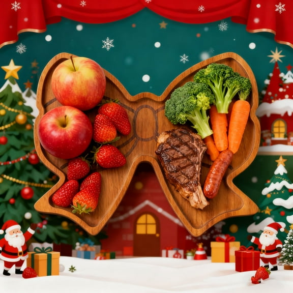 Kitchen Storage Christmas Wooden Dinner Decor, Bow Shaped Solid Wood Plate with Food-Safe Finish for Holiday Table Setting, Rustic Charm Festive Serving Tray for Desserts Centerpiece, 7.48*6.1in