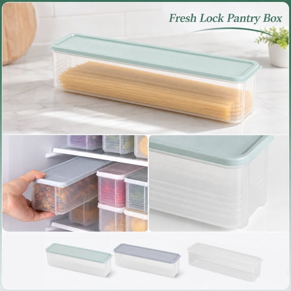 Kitchen Storage Container, Airtight Long Plastic Storage Bin with Lid, Clear Grade Pasta Organizer for Pantry Refrigerator Organization, Gray 1 Pack