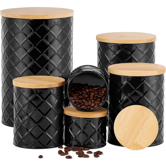 Kitchen Storage Containers for Countertop Set of 6,Food Containers with Airtight Lids,Flour and Sugar Storage Containers,Black Canister Set for Coffee and Tea,Farmhouse Kitchen Decor