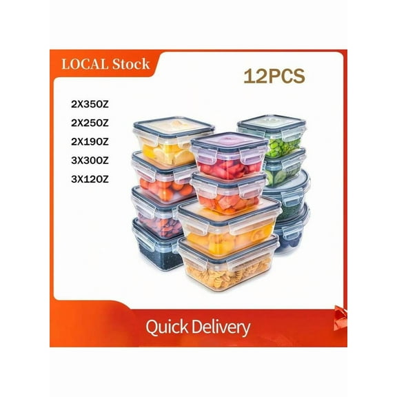 Kitchen Storage Containers with Lids, 12 Piece Food Prep Set for Pantry Organization, Airtight Refrigerator Meal Prep Boxes, Microwave and Dishwasher Safe