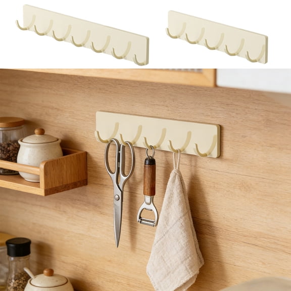 Kitchen Storage HooksWall Mounted Rack - Plastic Continuous Hanging Rail, 5 or 7 Hook Options, Space Saving Organizer for Utensils, Towels, Keys