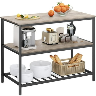 Kitchen Storage Island 3-Tier Kitchen Shelf Organizer Kitchen Baker’s Rack Coffee Bar with Large Open Shelves & Worktop Greige and Black