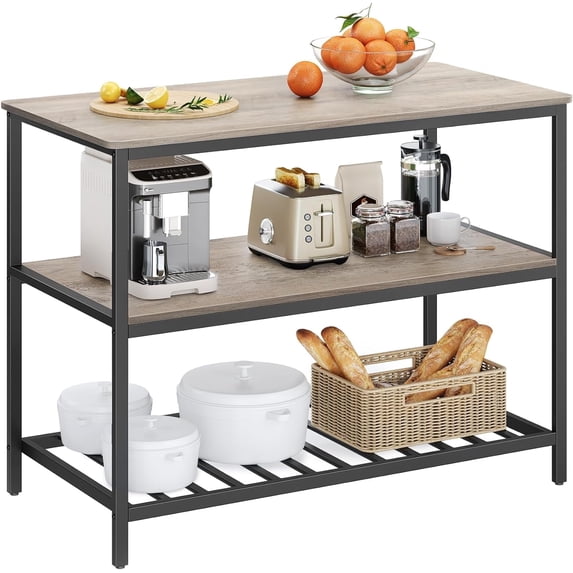 Kitchen Storage Island 3-Tier Kitchen Shelf Organizer Kitchen Baker’s Rack Coffee Bar with Large Open Shelves & Worktop Greige and Black