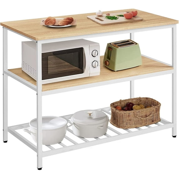 Kitchen Storage Island 3-Tier Kitchen Shelf Organizer Kitchen Baker’s Rack Coffee Bar with Large Open Shelves & Worktop Oak Color & White