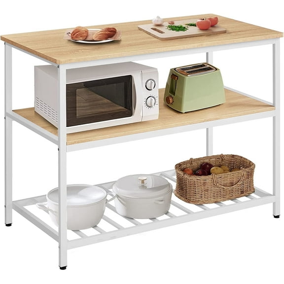 Kitchen Storage Island 3-Tier Kitchen Shelf Organizer Kitchen Baker’s Rack Coffee Bar with Large Open Shelves & Worktop Oak Color & White