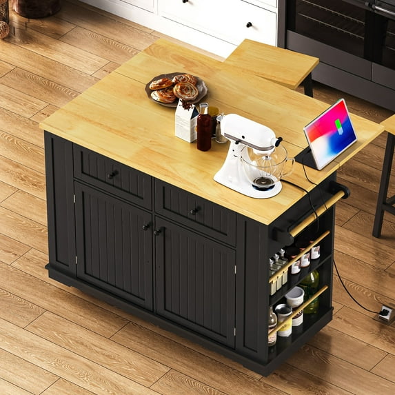 Kitchen Storage Island Cart with Drop Leaf, 2 Drawers, Power Outlet, Internal Storage Rack, Rolling Kitchen Storage Cart on 5 Wheels for Kitchen, Dining Room, Black (Not Include Stools)