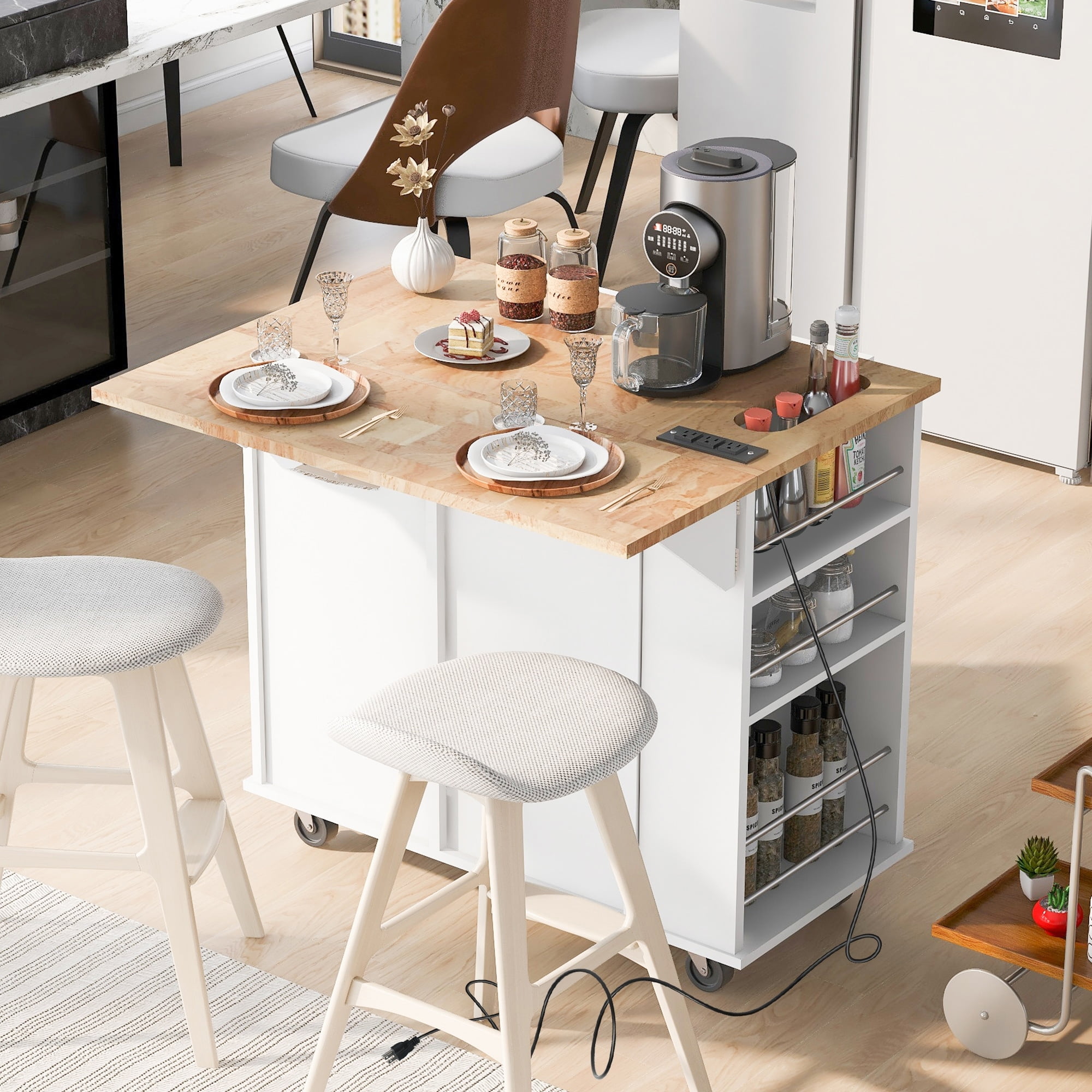 White Rubber Wood Kitchen Island with Drop Leaf and Power Outlet