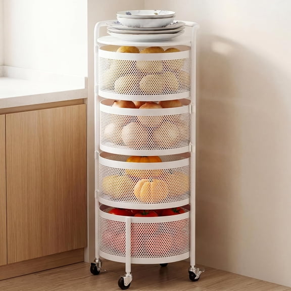 Kitchen Storage Rack No Assembly, Metal Storage Tower Basket Shelves Organizer on Rolling Wheels with Removal Drawers for Fruit Vegetable Grocery Corns Potato Onion