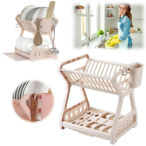 Kitchen Storage Rack Multifunctional Dish Drain Rack Kitchen Utensil Holder Dish Drainer/ Dishwashing Rack (Apricot)