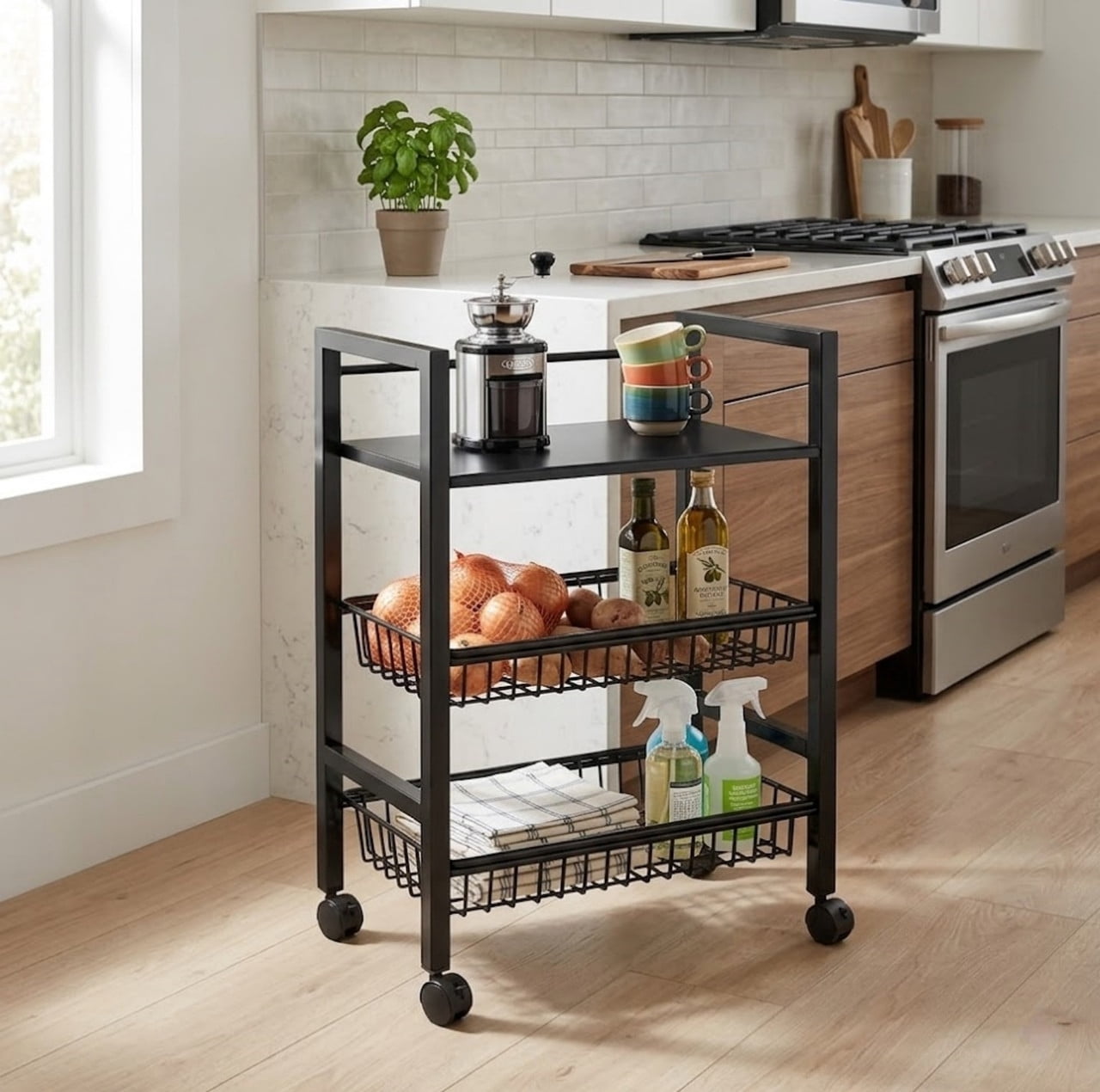 Kitchen Storage Rack with Wheels and Mesh Baskets, 3-Tier Freestanding Metal Kitchen Serving Cart, Fruit Basket Kitchen Cart for Kitchen for Kitchen,Pantry,Office