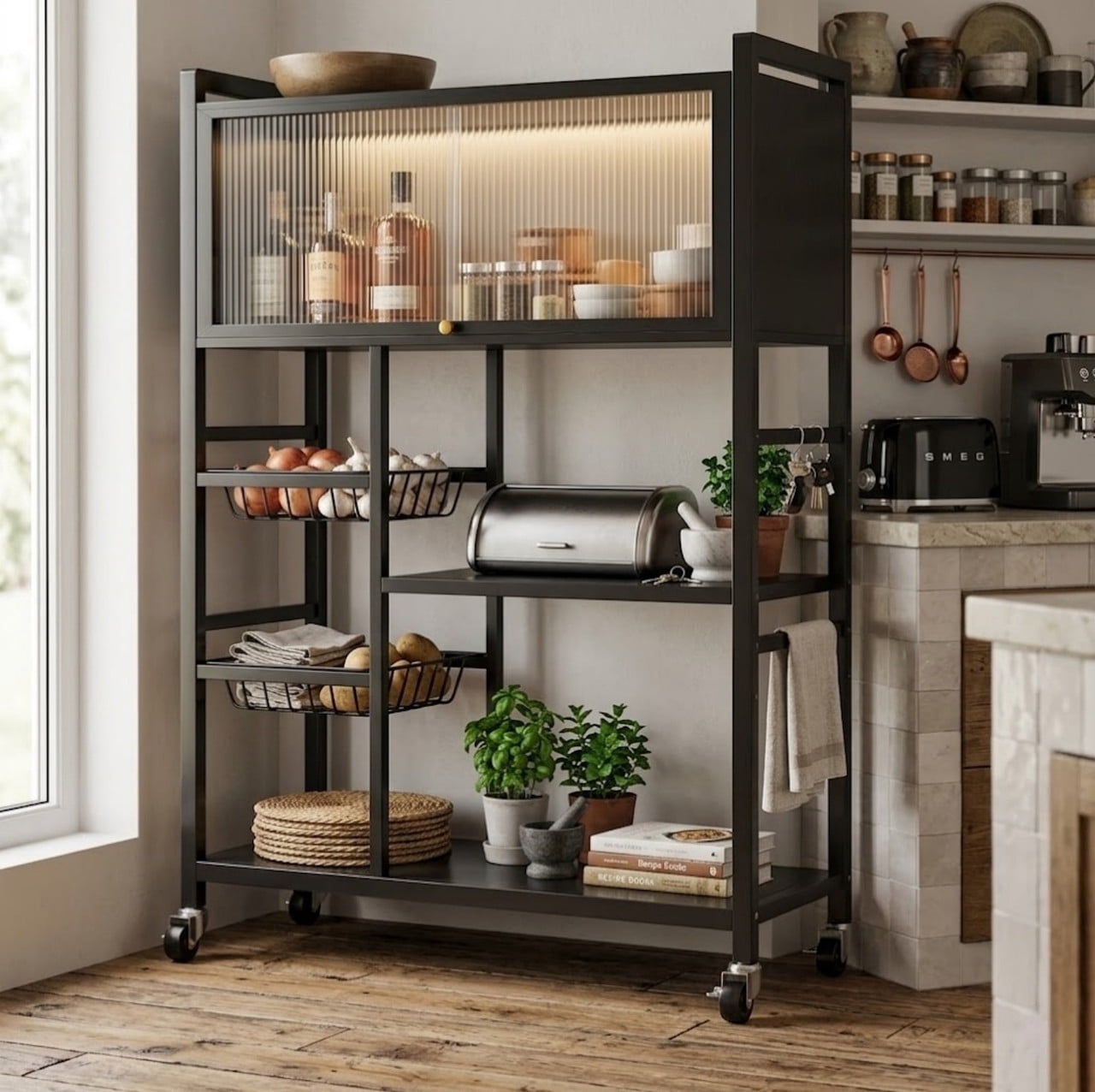 Kitchen Storage Rack with Acrylic Flip-Top Doors, Multifunctional Kitchen Storage Shelf with Baskets, Rolling Utility Serving Cart for Kitchen Garage