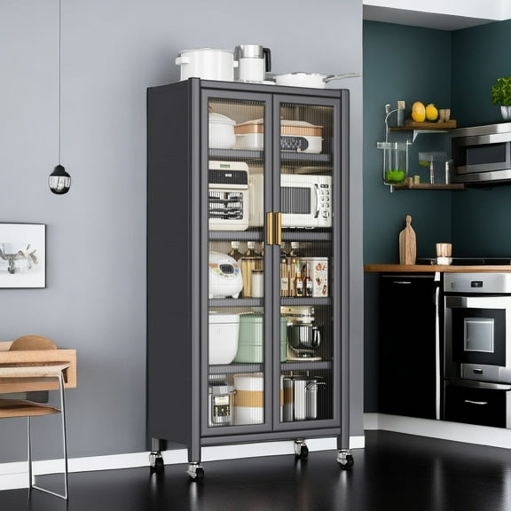 Kitchen Storage Shelf Cabinet Grey: Metal Floor-ceiling With Double Open Doors, 250kg Load Capacity & Quietly Turning Wheels Cabinet, Load-bearing Running