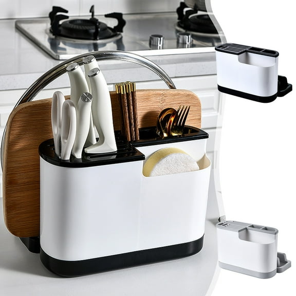 Kitchen Storage Shelf, Cutting Board Knife, Organizer, Removable Drained Base, for Utensils Pot Lids, Sponge Compartment Rack | Black KTFgvq