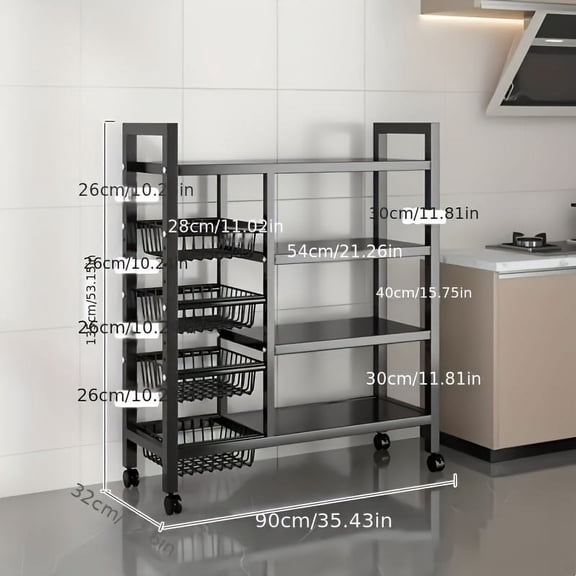 Kitchen Storage Shelf With Mesh Baskets, Metal Frame Serving Cart With Wheels, Rolling Baker's Rack With Adjustable Shelves, For Kitchen Bathroom Living Room Office